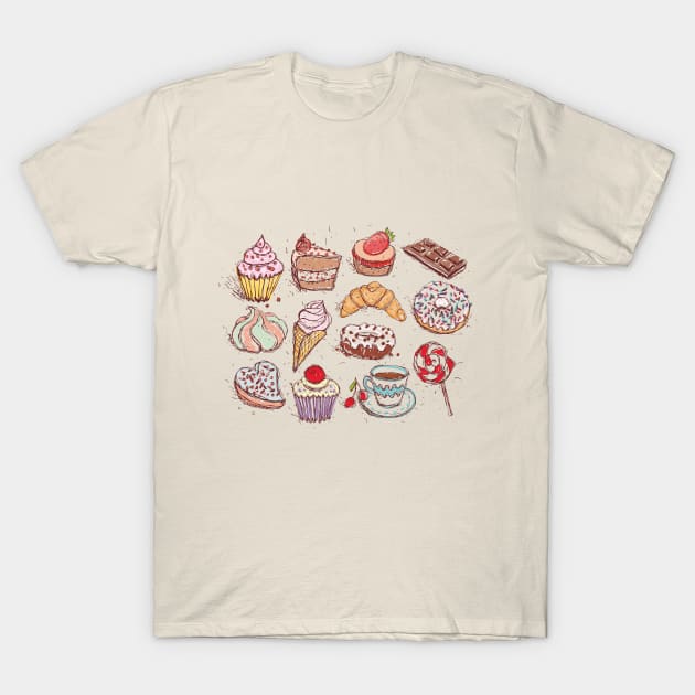 Hand drawn confectionery croissant Cupcake candy marshmallow ice cream cake donut and coffee. T-Shirt by EkaterinaP